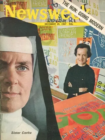 Portada de la revista Newsweek del 25 de desembre del 1967, titulada The nun: going modern, amb un retrat de la germana Corita i, al costat, una fotografia seva davant de serigrafies de colors.