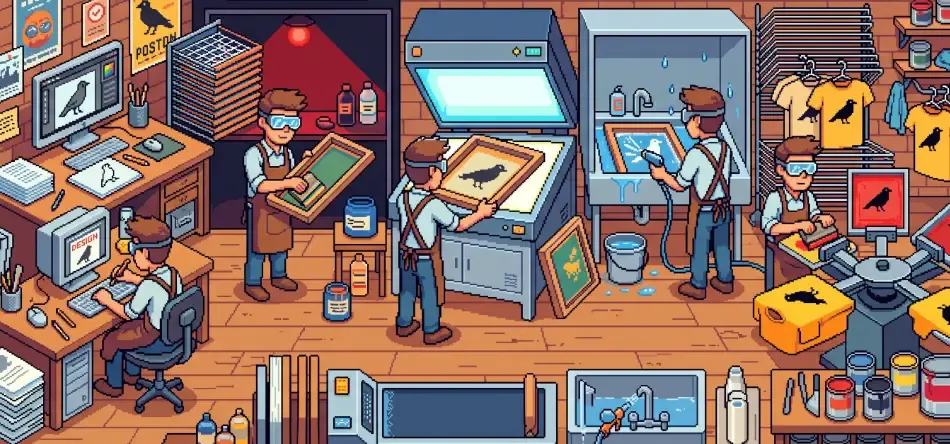 Dibuix en pixel art d'un taller de serigrafia vist de costat, amb diversos moments alhora: una persona dissenyant davant d'un ordinador, una altra emulsionant una pantalla sota llum vermella, la insoladora oberta amb el fotolit d'un ocell, el rentat d'una pantalla amb mànega, la impressió al carrusel i les samarretes grogues penjades a assecar.